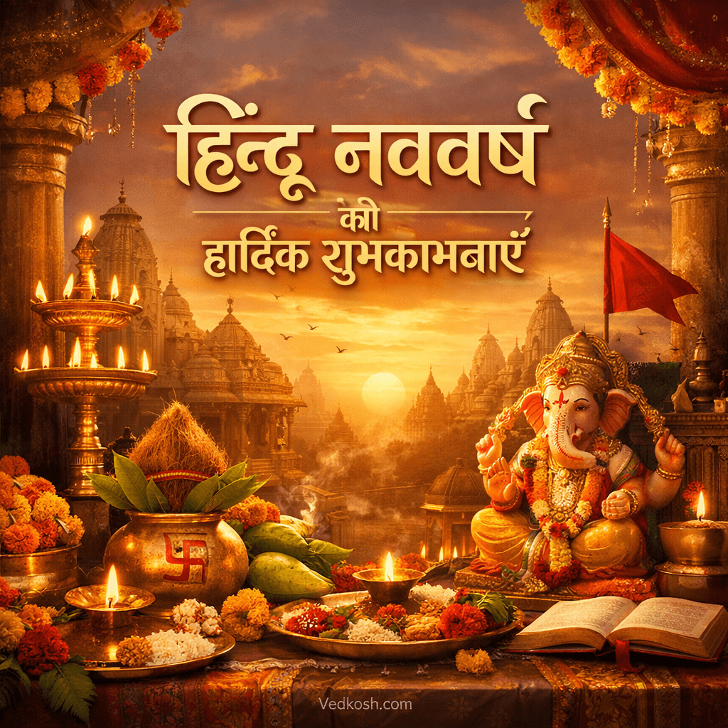 Hindu Nav Varsh Ki Hardik Shubhkamnaye - Hindi WhatsApp Status Image with Lord Ganesha, temples, and festive lamps celebrating Hindu New Year.