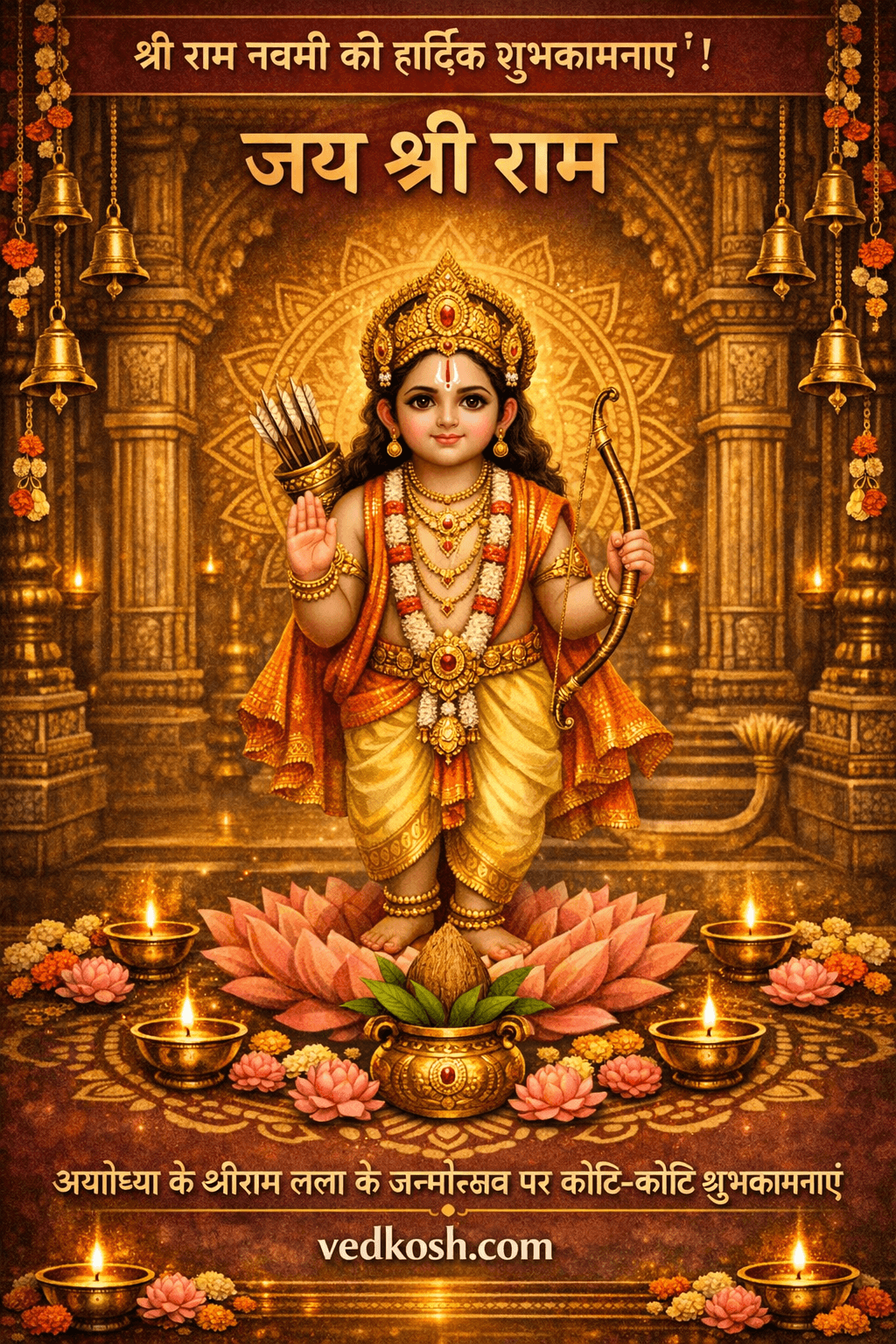 Happy Ram Navami WhatsApp Status Image - Wishes poster featuring Lord Ram and sacred spiritual symbols.